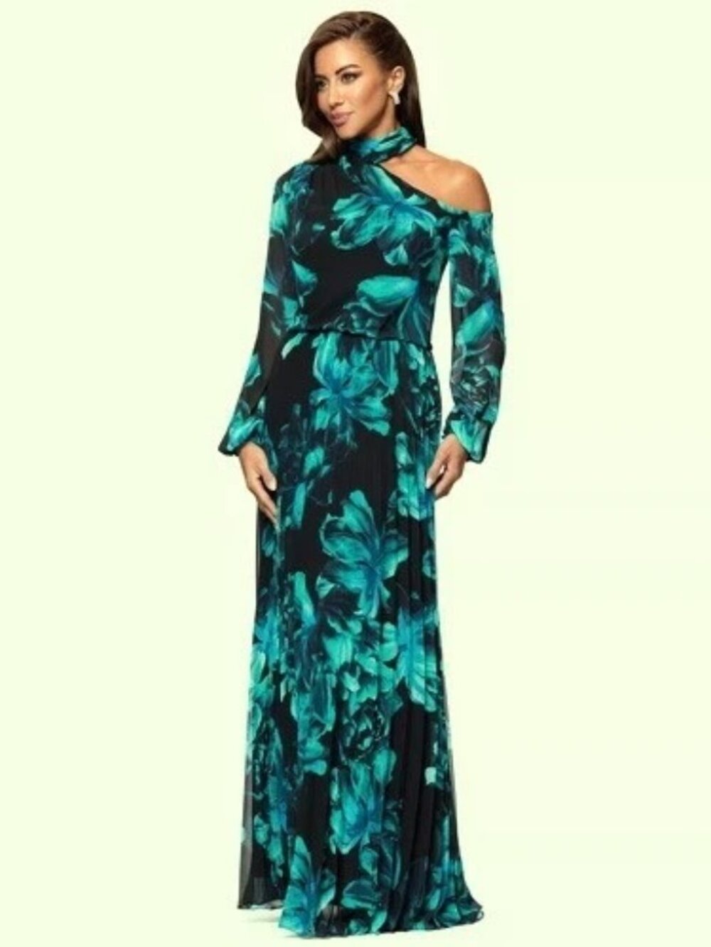 Xscape Black Teal Floral Mock-Neck Cutout Pleated Chiffon Maxi Dress - Picture 2 of 3